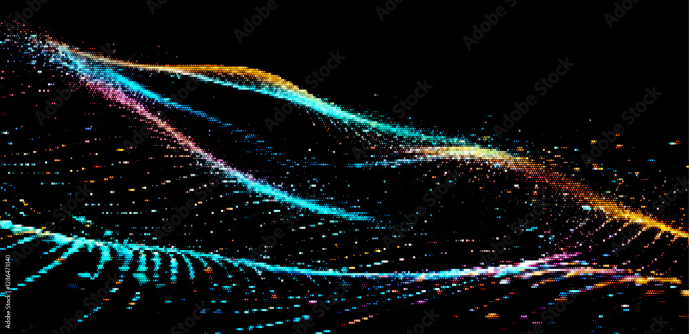 Aufkleber abstract vector art features vibrant, undulating waves of multicolored particles against a dark back