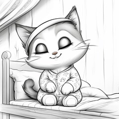 Coloring page, cute kitten sleeping in a crib under a blanket and smiling in his sleep