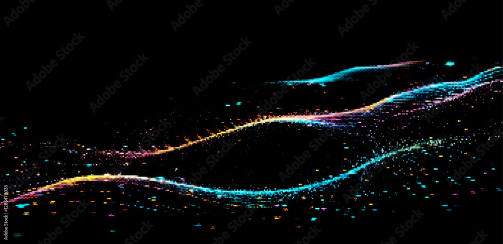 Fototapete abstract vector art features vibrant, undulating waves of multicolored particles against a dark back