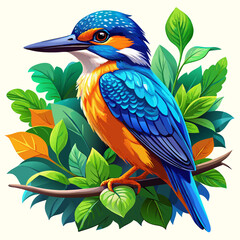 Vibrant Kingfisher Illustration with Bright Blue and Orange Plumage and Stylized Green Foliage

