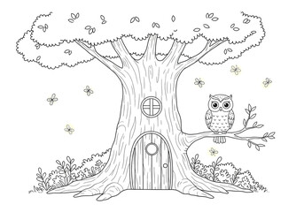 Simple black and white coloring page, an enchanted tree with a tiny door and round windows, a friendly owl sitting on a branch, small glowing fireflies