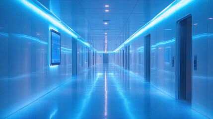 Fototapeta premium A futuristic hospital corridor with smart glass walls, holographic signs, and ambient LED lighting