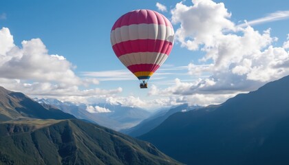 Essential moments unfold as a brightly colored hot air balloon ascends, offering stunning views of sprawling green valleys and majestic mountains under a blue sky filled with fluffy clouds