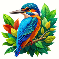 Vibrant Kingfisher Illustration with Bright Blue and Orange Plumage and Stylized Green Foliage

