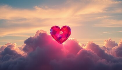 Fototapeta premium A radiant heart-shaped gem hovers among fluffy clouds, illuminated by the warm hues of sunset. The tranquil scene evokes feelings of love and serenity, captivating all who gaze upon it