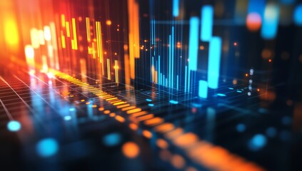 3D render of a glowing bar graph with data points, a blurred background, and an orange and blue color scheme.