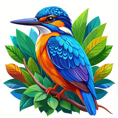Vibrant Kingfisher Illustration with Bright Blue and Orange Plumage and Stylized Green Foliage

