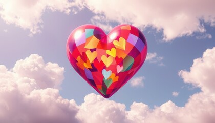 Fototapeta premium A vibrant heart adorned with multiple colorful hearts drifts gracefully through a serene sky filled with fluffy white clouds, radiating warmth and affection