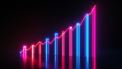 3D render of a glowing neon bar graph with a rising trend line on a black background. The neon lights are in shades of blue, red, and pink.