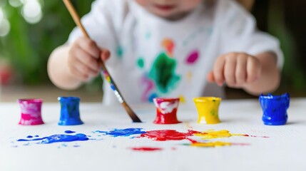 Naklejka premium Toddler holding a paintbrush and painting with colorful paints on white paper during a creative art class at home.