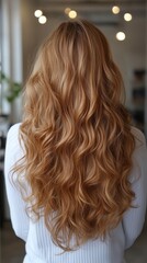 Long Wavy Hair of a Woman From Behind in a Cozy Indoor Setting With Warm Lighting. Generative AI