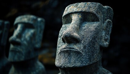 A close-up of stone Easter Island head statues with a dark background, creating an eerie and mysterious atmosphere. 