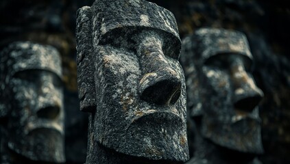 A close-up of stone Easter Island head statues with a dark background, creating an eerie and mysterious atmosphere. 