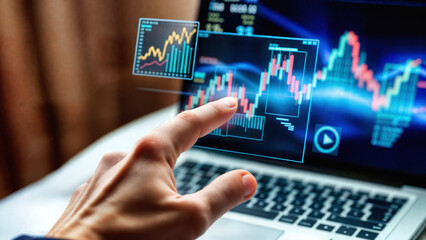 Digital financial dashboard with interactive data visualization, market metrics, candlestick charts, roi analysis, forex trading indicators, live performance monitoring, investment portfolio growth