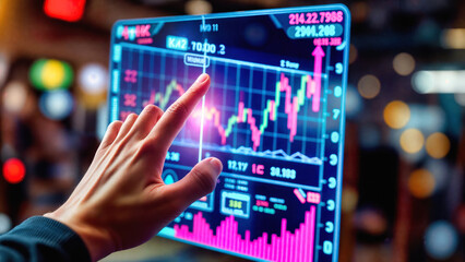 Fototapeta premium Financial market data on digital screen with neon graph interface. Interactive forex trading chart with candlestick analysis. Crypto currency exchange statistics with investment portfolio trends.