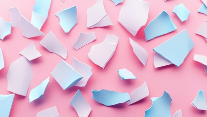 3D isometric, pastel-colored, broken pieces of paper on a pink background.