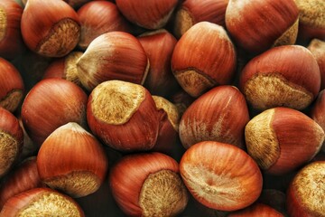 Close-up view of organic raw hazelnuts in shells. Pile of unprocessed fresh hazelnuts in shells. Healthy vegan food ingredient. Eco-friendly natural food photography. Sustainable agriculture product