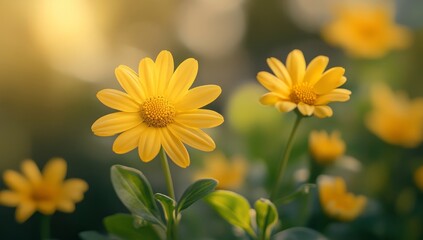 A yellow flower in the foreground, with other flowers blurred behind it, creating an elegant and soft background. The sunlight creates a warm glow on the petals of each daisy, giving them a vibrant ap