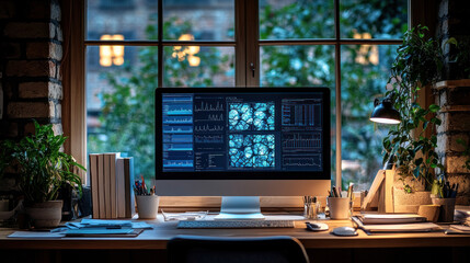 A modern doctor's office featuring a wooden desk, medical books, and a large computer screen displaying patient records