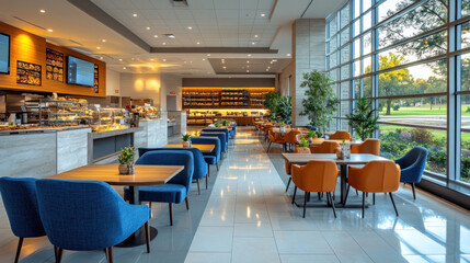 A modern hospital cafeteria with an open layout, fresh organic meals, and a comfortable seating arrangement