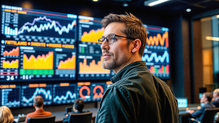 Young professional trader at trading desk with multiple financial charts and data visualization screens. Technical analysis of market trends in modern office with digital dashboard for investment