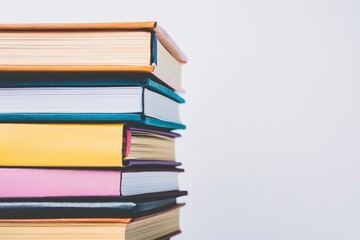 A vibrant stack of colorful books arranged neatly against a plain background, symbolizing knowledge and learning