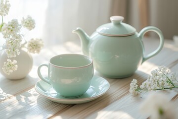 Serene tea time setting with mint green pottery and delicate flowers adorning a sunlit wooden table