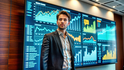 Business professional with data analytics dashboard. Young executive near financial visualization screen. Technology and intelligence with market trends and performance metrics