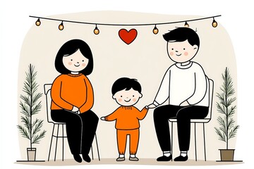 Family illustration of parents and child sitting together under warm hanging lights surrounded by plants symbolizing love security unity emotional connection digital artwork cozy atmosphere