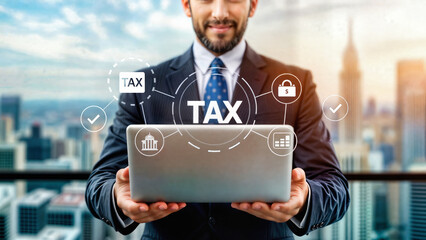 Professional tax accountant holds laptop with digital finance interface. Business consultant manages virtual taxation icons. Corporate financial expert works with modern accounting analytics near