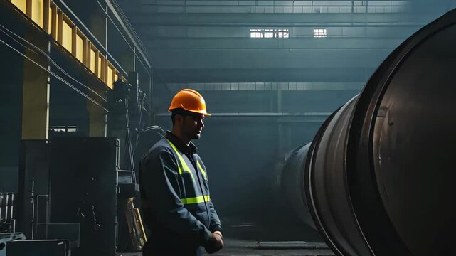 adult man inspecting industrial machinery in a dimly lit factory setting with a focus on engineering and innovation