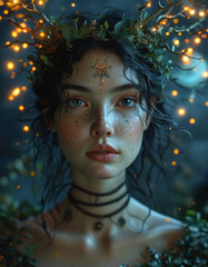 Mysterious Female Druid Celtic goddess of night casting magic in the moonlight, Mystical Forest Queen with a Crown of Branches Under the Moonlight, Fantasy Digital Art
