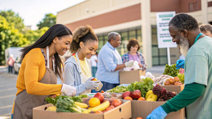 food drive donations Fresh fruits and vegetables are distributed at community food drive, promoting healthy eating in underserved area. Volunteers engage joyfully with recipients