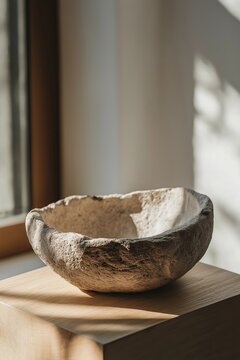 A rustic stone bowl with a rough texture sits on a wooden pedestal, bathed in warm natural light from a nearby window
