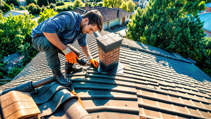 Professional roofer repair residential house shingles with tools, construction worker maintenance near chimney, contractor inspect tiles in protective gloves, skilled handyman service on suburban home