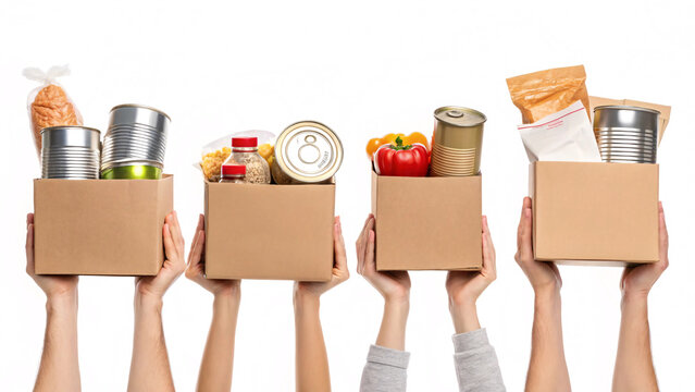 food drive donations Food donations in hands, showcasing various canned goods and packaged items. This highlights importance of community support and generosity