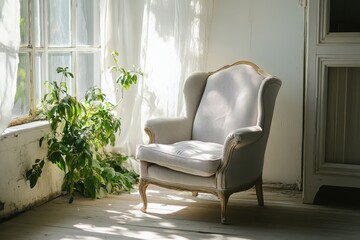Sunlight filters through sheer curtains illuminating an elegant armchair beside lush green plants in a serene indoor setting