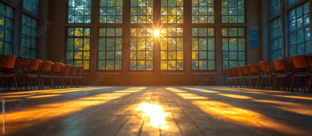 Poster Sunlight streams into large room with rows of chairs.