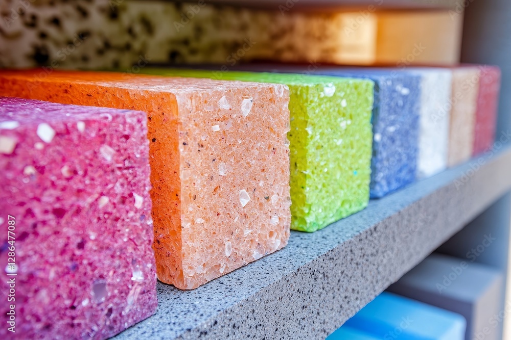 Poster colorful textured blocks on display in a modern shelf arrangement