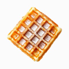 Belgian waffle sprinkled with powdered sugar isolated on white background.