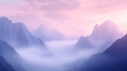 Majestic Mountain Peaks Emerging From Fog at Dusk with Soft Light