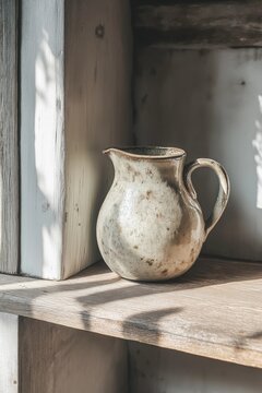 A rustic ceramic jug with an aged patina sits on a wooden shelf, illuminated by soft natural light and casting delicate shadows