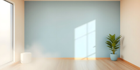 Sunlit Minimalist Interior: A single, vibrant green plant in a minimalist white pot stands elegantly in a sun-drenched room against a textured wall. The sunlight casts a warm shadow. natural glow