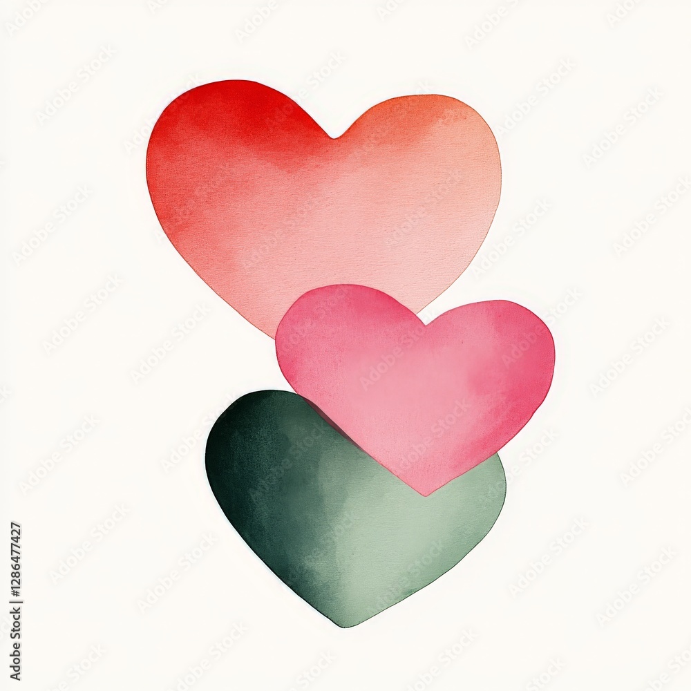 Poster three overlapping gradient hearts in red pink and green forming a modern abstract love concept in a 