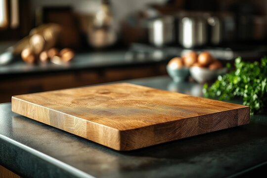 A thick wooden cutting board with a rich grain pattern sits on a dark kitchen countertop, surrounded by blurred kitchen ingredients in the background