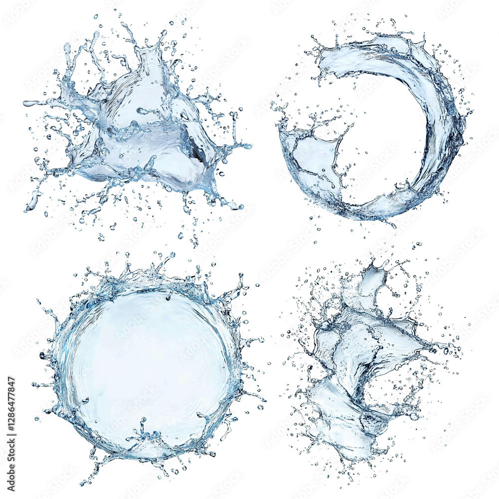 Poster set of clear water splashes in dynamic motion, isolated on transparent cutout background