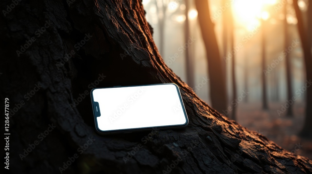 Poster smartphone with a blank white screen rests on a tree root in a misty, sunlit forest setting.
