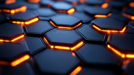 Obraz premium Glowing orange hexagons powerfully illuminate dark metallic surface. AI Generated