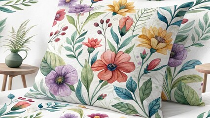 Vintage Floral Watercolor Pillow Design, Bedroom Decor, Botanical Pillowcase Illustration
