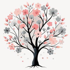 Watercolor Cherry Blossom Tree Illustration with Soft Pink and Gray Flowers

